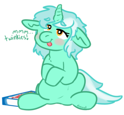 Size: 1131x1049 | Tagged: safe, artist:discorcl, lyra heartstrings, g4, big belly, chubby, floppy ears, stuffed, twinkies