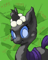 Size: 461x577 | Tagged: safe, artist:nadesican, oc, oc only, oc:pistachio, changeling, abstract background, changeling oc, cheek fluff, chips, cute, cuteling, fangs, fluffy, food, looking at you, no catchlights, smiling, solo