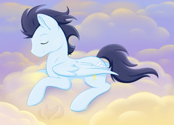 Size: 1200x857 | Tagged: safe, artist:raininess, soarin', g4, cloud, cloudy, eyes closed, male, old cutie mark, prone, sleeping, solo