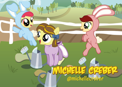Size: 8324x6000 | Tagged: safe, artist:wewius, apple bloom, oc, oc:canni soda, earth pony, pony, galacon, g4, .ai available, absurd resolution, autograph card, bunny costume, clothes, michelle creber, ponified, vector, voice actor