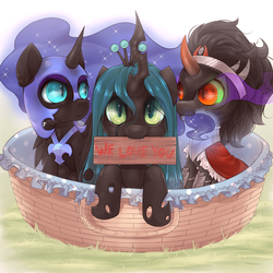 Size: 6000x6000 | Tagged: dead source, safe, artist:missangest, king sombra, nightmare moon, queen chrysalis, alicorn, changeling, changeling queen, unicorn, absurd resolution, adoption, antagonist, basket, chibi, chrysombramoon, chwisalis, colt, colt sombra, cute, cutealis, dark magic, english, eye contact, fangs, female, filly, horn, leaning, looking at you, looking back, magic, male, moonabetes, mouth hold, nightmare woon, nom, sign, smiling, sombra eyes, sombradorable, tail bite, younger