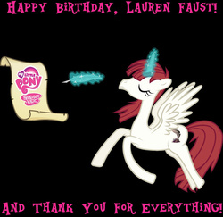 Size: 640x622 | Tagged: safe, oc, oc only, oc:fausticorn, pony, birthday, happy birthday lauren faust, lauren faust, my little pony logo, ponified, solo