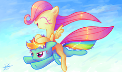 Size: 1920x1136 | Tagged: safe, artist:halem1991, fluttershy, rainbow dash, g4, filly, flying, younger