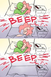Size: 1000x1500 | Tagged: safe, artist:nobody, artist:pinkdooples, edit, edited edit, pinkie pie, oc, oc:anon, human, series:anon's alarm clock, g4, 2 panel comic, :c, alarm clock, bed, clock, comic, depressed, depression, dream, female, frown, male, reality ensues, reality sucks, role reversal, snuggling, straight, what a twist