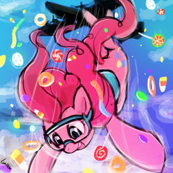 Size: 750x750 | Tagged: safe, artist:lumineko, pinkie pie, earth pony, pony, g4, 30 minute art challenge, candy, female, food, goggles, lollipop, plane, skydiving, solo