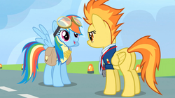 Size: 1437x809 | Tagged: safe, screencap, rainbow dash, spitfire, pegasus, pony, g4, wonderbolts academy, clothes, duo, female, mare, uniform, wonderbolt trainee uniform