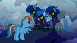 Size: 1280x720 | Tagged: safe, screencap, descent, nightshade, rainbow dash, pegasus, pony, friendship is magic, g4, clothes, costume, female, male, mare, shadowbolts, shadowbolts (nightmare moon's minions), shadowbolts costume, stallion