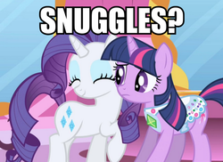 Size: 687x500 | Tagged: safe, edit, edited screencap, screencap, rarity, twilight sparkle, pony, unicorn, friendship is magic, g4, duo, gem saddle twilight, horn, image macro, imma snuggle you, meme, snuggles?, text