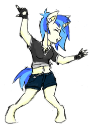 Size: 832x1176 | Tagged: safe, artist:coatieyay, dj pon-3, vinyl scratch, anthro, unguligrade anthro, g4, clothes, dancing, earbuds, gloves, music player