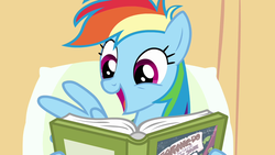 Size: 1280x720 | Tagged: safe, screencap, rainbow dash, pegasus, pony, g4, read it and weep, book, cute, dashabetes, female, mare, open mouth, pillow, reading, solo