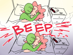 Size: 1000x750 | Tagged: safe, artist:nobody, edit, pinkie pie, oc, oc:anon, human, series:anon's alarm clock, g4, alarm clock, bed, dream, female, good end, male, snuggling, straight