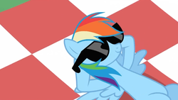 Size: 1920x1080 | Tagged: safe, screencap, rainbow dash, g4, lesson zero, female, outfit catalog, solo, sunglasses