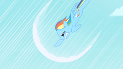 Size: 1280x720 | Tagged: safe, screencap, rainbow dash, pegasus, pony, g4, sonic rainboom (episode), female, flying, solo, sound barrier