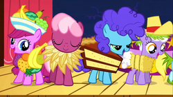 Size: 1366x768 | Tagged: safe, screencap, blueberry swirl, cheerilee, cotton top, fruitbasket, honey drop, earth pony, pony, g4, the cutie mark chronicles, clothes, costume, filly, food costume, younger