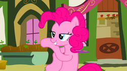 Size: 1280x720 | Tagged: safe, screencap, pinkie pie, earth pony, pony, g4, too many pinkie pies, mushroom table, ponyville, smiling, solo