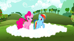Size: 1280x720 | Tagged: safe, screencap, pinkie pie, rainbow dash, g4, too many pinkie pies, cloud, cloudy, fog, grin, lidded eyes, out of context, raised hoof, smiling