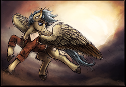 Size: 1600x1111 | Tagged: safe, artist:bantha, oc, oc only, oc:sky drift, pony, bomber jacket, cloud, cloudy, flying, solo