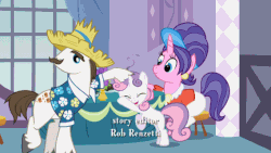 Size: 568x320 | Tagged: safe, screencap, cookie crumbles, hondo flanks, sweetie belle, pony, unicorn, g4, sisterhooves social, animated, credits, cute, diasweetes, eyes closed, female, filly, male, mare, out of context, rarity's parents, rob renzetti, rubbing, ship:cookieflanks, smoke, stallion