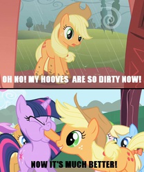 Size: 539x646 | Tagged: safe, applejack, twilight sparkle, g4, hoof in mouth, image macro, meme, twilybuse