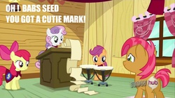 Size: 1280x720 | Tagged: safe, apple bloom, babs seed, scootaloo, sweetie belle, g4, cutie mark crusaders, hilarious in hindsight, hub logo, image macro, meme