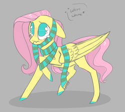 Size: 1193x1070 | Tagged: safe, artist:jellybeanbullet, fluttershy, pegasus, pony, g4, adorable distress, behaving like a dog, clothes, colored hooves, crying, cute, female, floppy ears, flutterdog, folded wings, looking up, mare, no pupils, puppy dog eyes, raised hoof, raised leg, sad, scarf, shyabetes, solo, speech bubble, standing, stuck, wavy mouth, whimpering, whining, wings