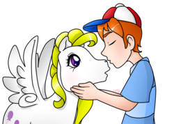 Size: 713x507 | Tagged: safe, artist:prettywitchdoremi, danny williams, surprise, pegasus, pony, g1, blushing, female, interspecies, kissing, male, nose kiss, ship:dannyprise, shipping, straight, wingboner