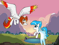 Size: 3000x2291 | Tagged: safe, artist:bravefleet, oc, oc only, oc:brave dash, oc:shimmering shield, pegasus, pony, flying, high res, large wings, tail feathers