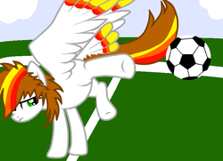 Size: 785x567 | Tagged: safe, artist:bravefleet, oc, oc only, oc:brave dash, pegasus, pony, football, kicking, sports, tail feathers
