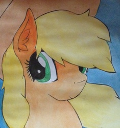 Size: 839x891 | Tagged: safe, artist:cupcakethemasked, applejack, g4, female, looking at you, portrait, solo, traditional art