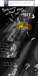 Size: 796x1608 | Tagged: safe, artist:cantershirecommons, oc, oc only, oc:mistguard, changeling, kelpie, anonling, fangs, glowing eyes, looking back, mistguards-burrow, scared, scary