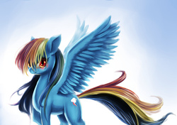 Size: 1703x1200 | Tagged: safe, artist:unousaya, rainbow dash, pegasus, pony, g4, female, red eyes, solo, spread wings, wings