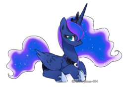 Size: 1278x899 | Tagged: dead source, safe, artist:akivia-jones-404, princess luna, alicorn, pony, g4, crown, female, jewelry, looking at you, mare, prone, regalia, simple background, solo, white background