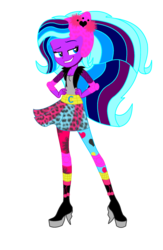 Size: 1415x2167 | Tagged: safe, artist:serennarae, artist:the-darkest-desire, oc, oc only, oc:serenna rae, human, equestria girls, g4, aside glance, base used, blue eyes, boots, clothes, elbow pads, equestria girls-ified, eyebrows, female, grin, hand on hip, jacket, leggings, looking at you, mary sue, my eyes, pattern, raised eyebrow, shoes, skirt, smiling, solo, standing