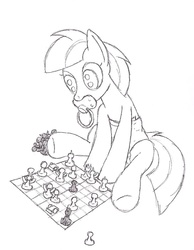 Size: 700x900 | Tagged: safe, artist:datspaniard, oc, oc only, oc:logical heart, adult foal, chess, diaper, monochrome, non-baby in diaper, pacifier, solo