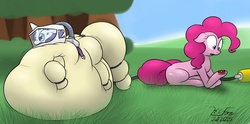 Size: 1280x635 | Tagged: safe, artist:the-furry-railfan, pinkie pie, rarity, earth pony, pony, unicorn, g4, air tank, big belly, broken, clothes, forest, hazmat suit, imminent explosion, inflation, omg, outdoors, rariblimp, shocked, surprised, this will end in tears, valve