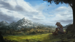 Size: 1600x900 | Tagged: safe, artist:assasinmonkey, applejack, earth pony, anthro, unguligrade anthro, g4, clothes, detailed, female, mountain, scenery, scenery porn, solo