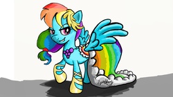 Size: 1820x1024 | Tagged: safe, artist:lyokotravels, rainbow dash, pony, g4, suited for success, the best night ever, clothes, dress, female, gala dress, illustration, solo, wallpaper