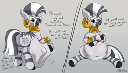 Size: 1887x1080 | Tagged: safe, artist:variant, trixie, zecora, pony, unicorn, zebra, g4, 2 panel comic, belly, big belly, butt, chubby, comic, dark comedy, death, digestion, eaten alive, fat, fat fetish, female, fetish, mare, plot, trixie prey, vore, weight gain, zecobese, zecorapred