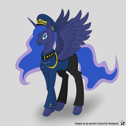 Size: 4500x4500 | Tagged: safe, artist:wodahseht, princess luna, g4, absurd resolution, bedroom eyes, clothes, female, looking at you, pants, smiling, solo, spread wings, uniform