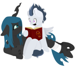 Size: 1428x1263 | Tagged: safe, artist:lucky-jacky, queen chrysalis, rumble, g4, anatomically incorrect, book, colt, incorrect leg anatomy