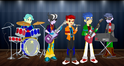 Size: 1024x549 | Tagged: safe, artist:karalovely, brawly beats, flash sentry, micro chips, ringo, oc, oc:track sonter, human, equestria girls, g4, my little pony equestria girls: rainbow rocks, background human, flash drive (band)