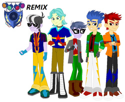 Size: 862x706 | Tagged: safe, artist:karalovely, brawly beats, flash sentry, micro chips, ringo, oc, oc:track sonter, human, equestria girls, g4, my little pony equestria girls: rainbow rocks, background human, flash drive (band)