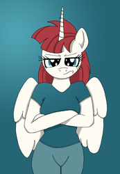 Size: 1545x2233 | Tagged: safe, artist:dragonblood6400, oc, oc only, alicorn, anthro, crossed arms, female, frown, lauren faust, solo, unamused