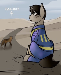 Size: 640x782 | Tagged: safe, artist:whitepone, dog, german shepherd, pony, unicorn, fallout equestria, clothes, crossover, dogmeat, fallout, fallout 4, jumpsuit, male, nate (fallout 4), pipboy, pipbuck, ponified, stallion, the sole survivor, vault 111, vault suit