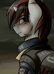 Size: 640x880 | Tagged: dead source, safe, artist:whitepone, oc, oc only, oc:blackjack, pony, unicorn, fallout equestria, fallout equestria: project horizons, ammunition, clothes, fanfic, fanfic art, female, horn, jumpsuit, mare, security, security armor, shotgun shell, solo, vault security armor, vault suit