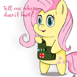 Size: 2000x2000 | Tagged: safe, artist:mopyr, fluttershy, pony, g4, bipedal, chibi, dialogue, female, high res, medkit, simple background, solo, white background