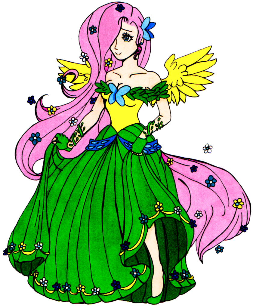 944206 Safe Artistbecca Yumi Fluttershy Human Cleavage Clothes Dress Female