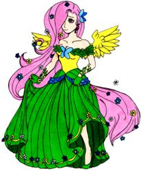 Size: 960x1155 | Tagged: safe, artist:becca-yumi, fluttershy, human, g4, cleavage, clothes, dress, female, humanized, solo, tailed humanization, winged humanization