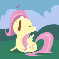 Size: 1000x1000 | Tagged: safe, artist:professor-ponyarity, fluttershy, butterfly, pegasus, pony, g4, beady eyes, chibi, colored, cute, dot eyes, female, flat colors, looking at something, looking up, mare, open mouth, outdoors, prone, shyabetes, solo