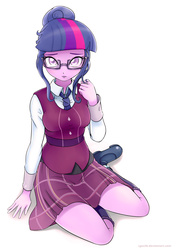 Size: 2000x2826 | Tagged: safe, artist:ryou14, sci-twi, twilight sparkle, equestria girls, g4, my little pony equestria girls: friendship games, clothes, crystal prep academy uniform, cute, female, high res, looking at you, necktie, school tie, school uniform, schoolgirl, sitting, solo, twiabetes